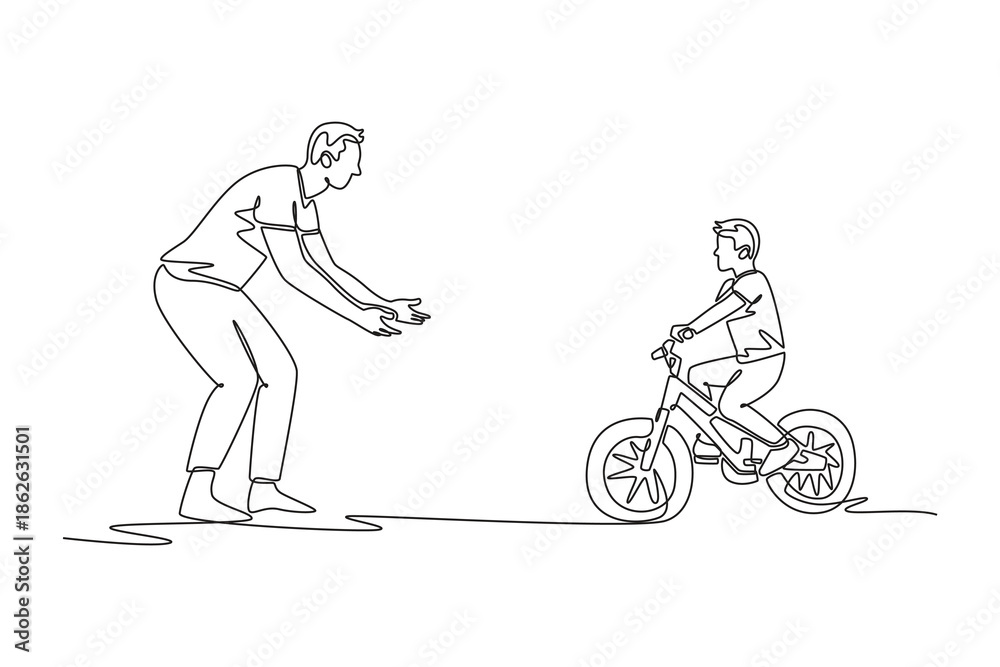 Obraz premium Single one line drawing happy man father cheering for a boy son child riding bicycle alone. Parent and kid during successful bike riding lesson. Continuous line draw design graphic vector illustration