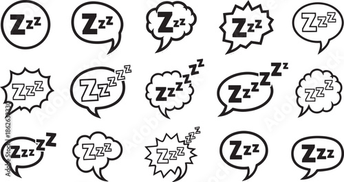 Set of Bold Zzz Speech Bubbles featuring Comic Style Sleeping Bubbles, Solid Black Thought Clouds and Creative Pop Art Bedtime Text Symbols