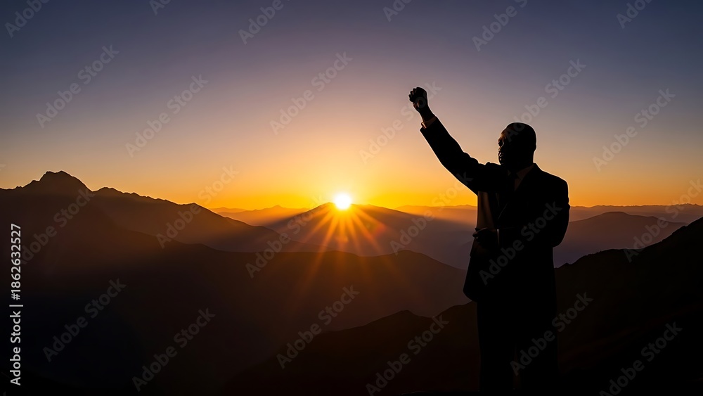 Fototapeta premium Inspirational Silhouette of Man Pointing at Vibrant Sunrise Over Majestic Mountain Range - Nature Beauty and Motivation
