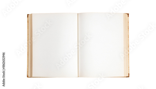 Open book with visible pages displaying empty space against a plain backdrop in a studio shot white background cutout