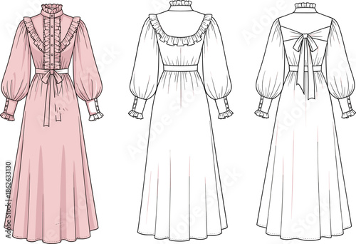 Long sleeve ruffle dress fashion sketch, front and back technical flat drawing, elegant vintage gown illustration, clothing design template