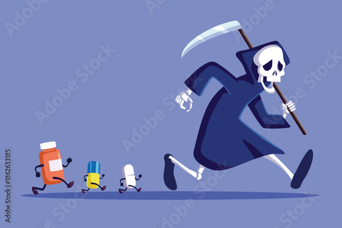 Death Character Running Away from Medical Treatment Vector Illustration. pills and medical remedies prolong the life expectancy of patients
