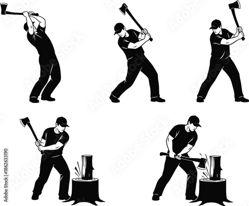 Lumberjack chopping wood illustration, man swinging axe poses, woodcutting action sequence, forestry worker silhouette set, log chopping artwork