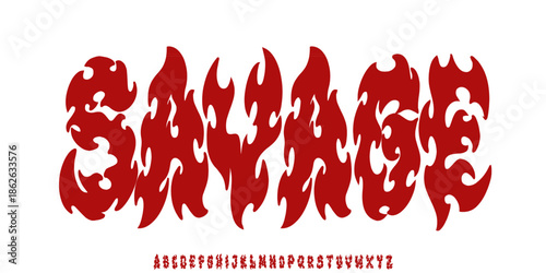 Fotografie Savage,  Fire lettering, hand drawn black and white alphabet letters vector set design