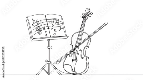 Violin and Music Sheet on Stand Isolated on White Background
