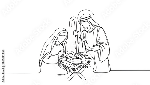 Nativity Scene with Mary, Joseph, and Baby Jesus in Simple Line Art Style