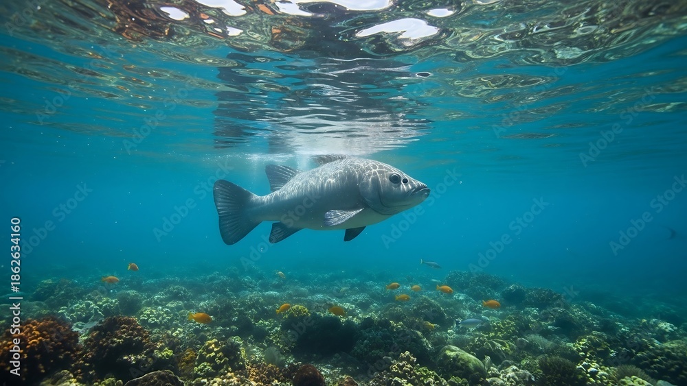 Fototapeta premium Large fish swimming underwater near coral.