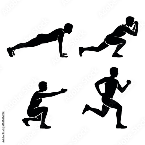 Man doing various fitness exercises silhouette Vector