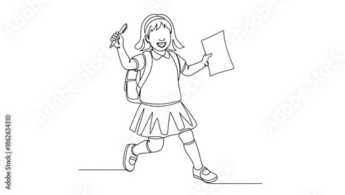 Happy Schoolgirl Running with Backpack and Certificate, Isolated on White, Line Art Style