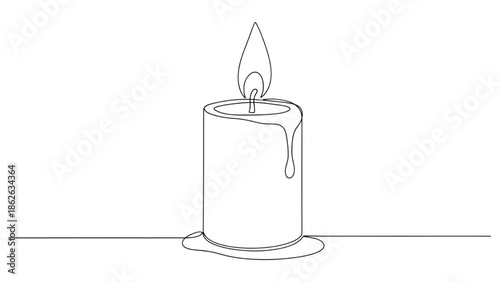 Lit Candle with Melting Wax on White Background, Line Art, Simple Illustration