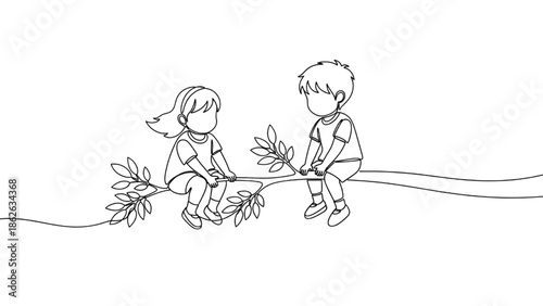 Children Playing Tug of War with Leaves on Rope Line Art Illustration