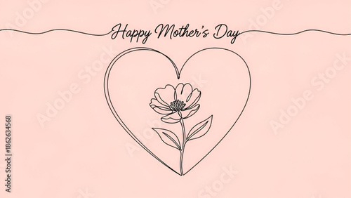 Minimalist Mothers Day Greeting with Flower in Heart on Pink Background