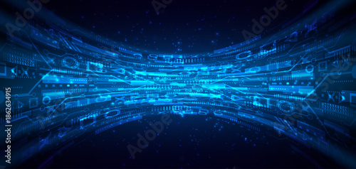 Blue glowing lines with glitter light effect on dark background. High speed internet technology concept or fast wireless data transmission. modern internet network connection technology background