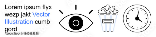 Movie entertainment, time management, media design, scheduling, creative concepts, visual arts. Eye symbol, popcorn box and clock. Movie entertainment and time management