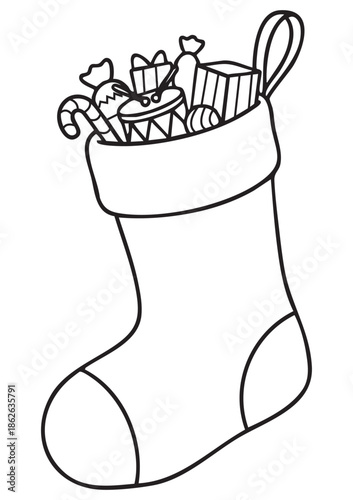 Vertical Christmas Stocking Filled with Gifts and Candies, Festive Kids Coloring Page, Educational Line Art Illustration, Printable Vector EPS, ISO A1 Size, Black and White Design