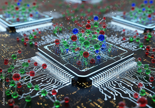 Futuristic nanotechnology interface simulating molecular structures on a digital circuit board, representing advanced scientific discovery and technological innovation