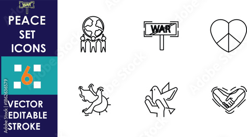 Minimal line peace icons show antiwar protest sign, broken heart, dove, handshake, and unity symbols, presented as editable vector outlines on white background
