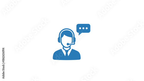 Customer service representative with headset and speech bubble icon.