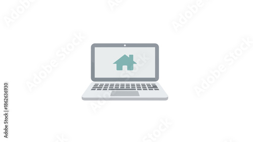 Laptop displaying a green house icon on screen.