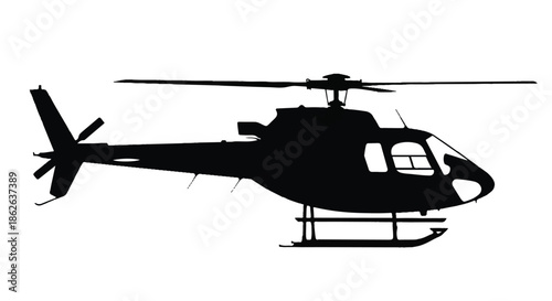 Sleek helicopter silhouette hovering over a bright empty sky, captured in a minimal monochrome style.