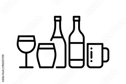 Collection of diverse drinkware and bottles, symbolizing beverage choices and hospitality