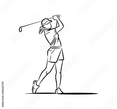 Dynamic female golfer swings club with focused intensity on the green