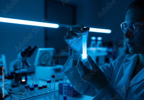 Dedicated researcher in lab coat meticulously examines glowing liquid sample within a cutting-edge scientific laboratory, symbolizing innovation and discovery in modern science