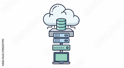 Cloud data center with server rack and cloud icon illustrating modern technology infrastructure.