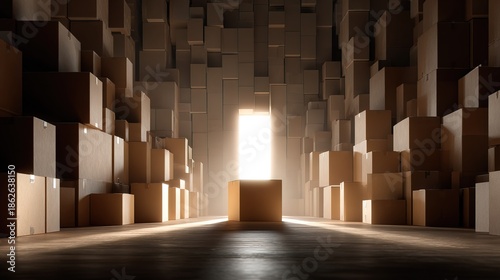 Conceptual Mysterious Warehouse Filled with Cardboard Boxes Revealing a Portal