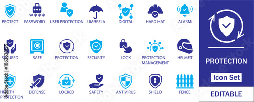 Protection icon set. Containing safe, shield, lock,security, alarm, umbrella, fence and more. Solid vector icons collection, 