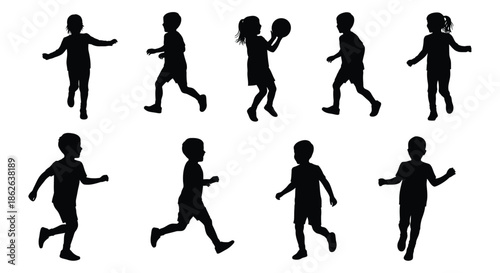 A playful group of children in dynamic poses captured in a striking black silhouette