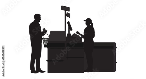 Customer and cashier interaction at a supermarket checkout counter in black silhouette