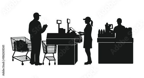 Customers and staff interacting at a supermarket checkout with a striking silhouette