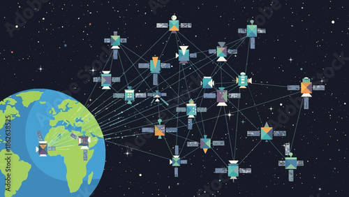 Illustration depicting a complex orbital satellite network establishing global communication connections back to the planet Earth in deep space.