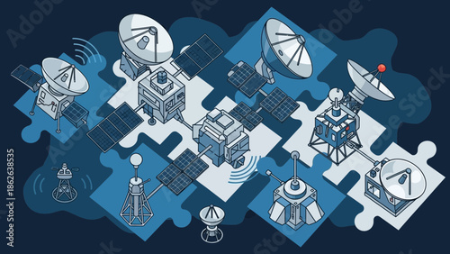 Illustration depicting interconnected satellite communication network components including various spacecraft modules and essential dish antennas assembled on puzzle pieces representing integration.