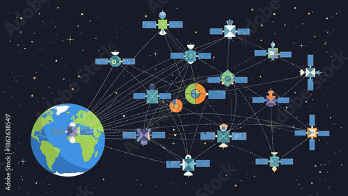 Illustration depicting a complex global network of interconnected satellites orbiting the Earth transmitting data across space in a constellation system