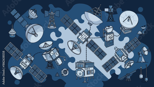 A collection of communication satellites and various ground station antennas illustrating global space technology networks and orbital data transmission systems in blue tones.