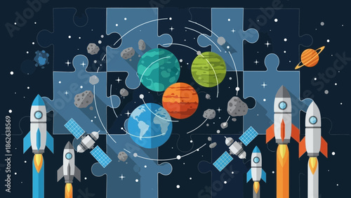 Flat design illustration depicting space exploration concepts assembling like puzzle pieces featuring rockets planets satellites and asteroids against dark background
