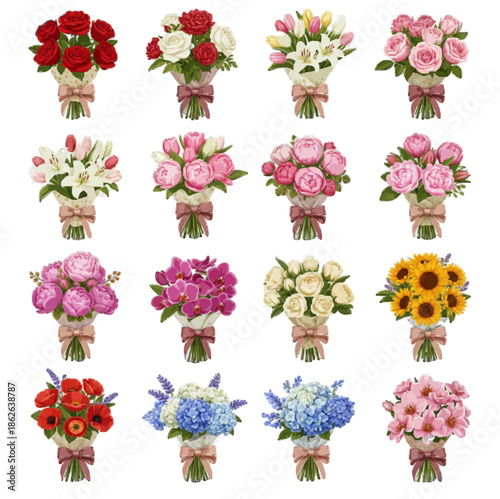 Large collection of diverse flower bouquets isolated on white, beautiful floral arrangements set with rose, lily, peony, sunflower, and hydrangea for wedding 