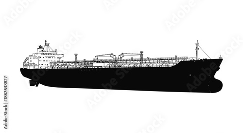 Detailed black and white depiction of a large oil tanker vessel a striking silhouette