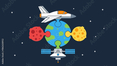 Conceptual illustration showing the connection between planet earth as a puzzle piece with celestial bodies in dark space ready for exploration
