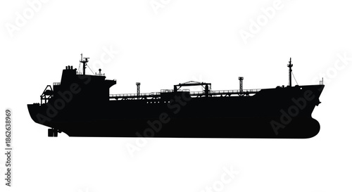 A striking black silhouette of a large oil tanker ship against a white background silhouette