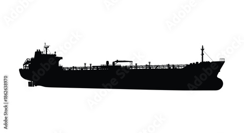 A striking black silhouette of a large oil tanker ship against a white background silhouette
