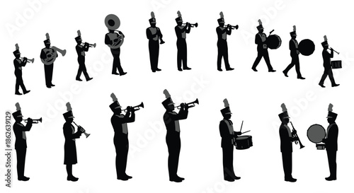 A dynamic collection of marching band musicians in various poses black silhouette