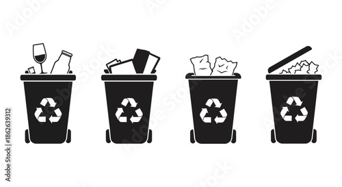 Four recycling bins filled with different waste items black and white silhouette
