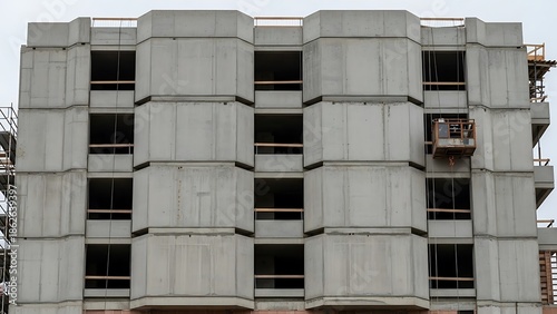 Raw concrete facade of a building under construction with empty windows