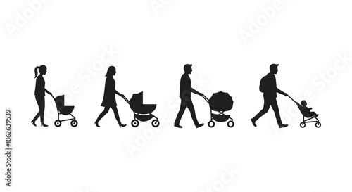 Family growth stages depicted with figures pushing strollers representing life s journey silhouette