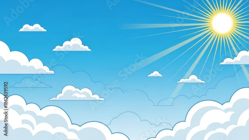 Vibrant sunny day with fluffy white clouds in bright blue sky