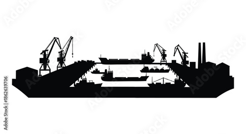 Industrial port city skyline with cranes ships and buildings in dark silhouette