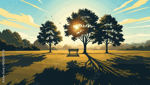 Serene landscape with trees and bench at sunset